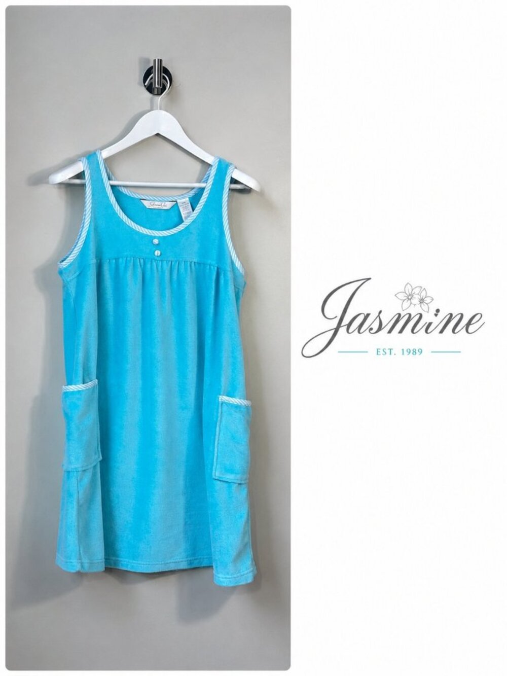 JASMINE ROSE Turquoise Terry Cloth Sleeveless Lounge Dress Size M Pockets